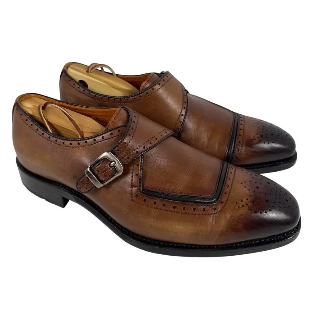 Speroni Monk Strap Dress Shoes Mens 7 7.5‎ Italian Cognac Leather Brogue Cap Toe